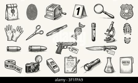 Forensic investigation sketch icon collection in black. Set of evidence, fingerprints and crime scene icons in doodle style. Stock Vector