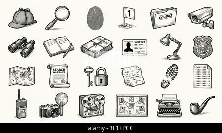 Forensic investigation sketch icon collection in black. Set of evidence, fingerprints and crime scene icons in doodle style. Stock Vector