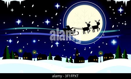 Vector illustration of santa claus sleigh flying across full moon over snowy winter village with christmas, reindeer Stock Vector