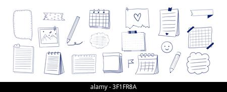 Memo sticky notes, set paper reminder with pen, speech bubbles. Doodle pages with tape, marks, pin, paperclip frames doodle style. Notebook bullet dairy list, funny retro drawing. Vector illustration Stock Vector