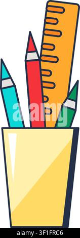 Pencil holder with stationery flat illustration representing office supplies education and creative work Stock Vector