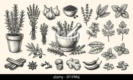 Hand drawn culinary herbs and spices with mortar and pestle, rosemary in pot and lavender bouquet with garlic and peppercorns. Stock Vector