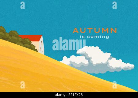 Autumn rural landscape with hills,agricultural fields and house with red roof.Fall panorama view,minimal design with blue sky,cloud,fields,home,nature landscape.Farming concept.Pastoral texture vector Stock Vector