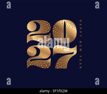 Golden numbers 2027 with radiating stars and dots.New Year card on deep blue background. Metallic numbers for festive and celebratory feel. Flowing, wavy contours of numbers, dynamic design. Vector Stock Vector