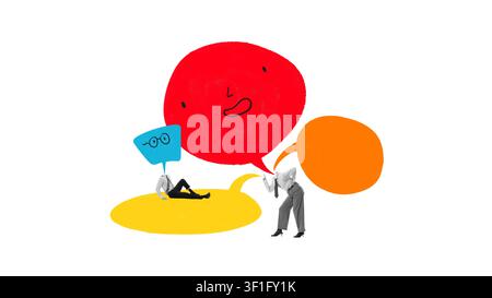 Professionals interacting through overlapping colorful speech bubbles on white background. Stock Photo
