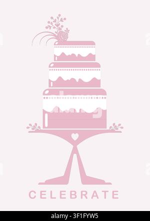 Three tiered celebratory wedding cake, icon symbol symbolizing sweet beginnings. Suitable for bakeries, dessert menus, and reception planning. Stock Vector