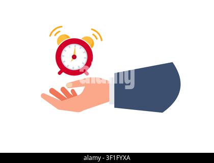An illustration showing a ringing red alarm clock floating over a hand, symbolizing time management and deadlines. Stock Vector