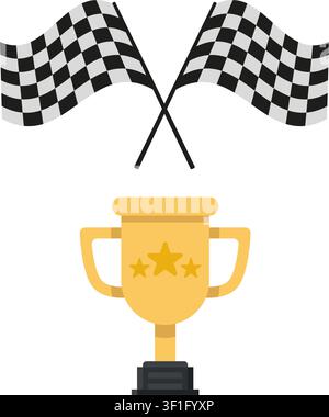 flat vector illustration of crossed black and white checkered flags above a gold championship trophy cup with stars. Stock Vector