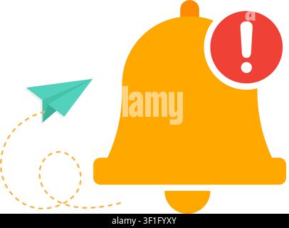 Vector icon representing an urgent notification bell with a red exclamation point and a flying paper airplane. Stock Vector