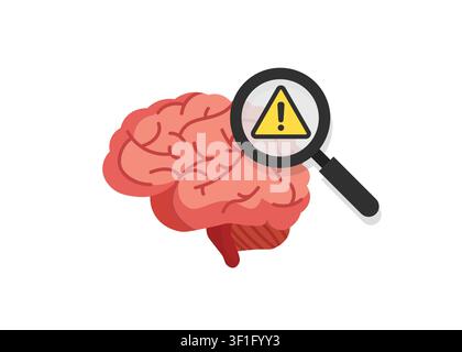 An illustration of a human brain examined with a magnifying glass containing a yellow exclamation warning sign. Stock Vector