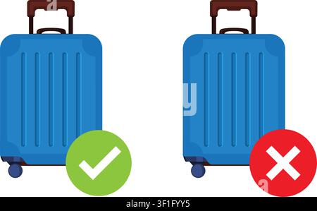 A vector illustration showing a blue wheeled suitcase with a green checkmark next to an identical one with a red cross mark. Stock Vector