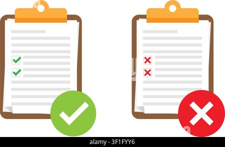 illustration of accurate right and wrong task choices on clipboards with green checkmarks and red cross symbols. Stock Vector