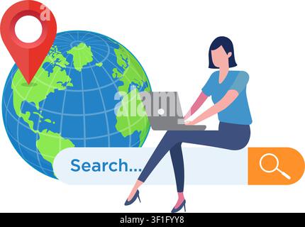 illustration of a female user utilizing a web browser search bar and computer to locate places on a world globe map Stock Vector