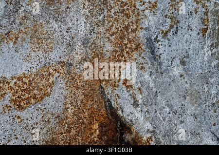 Rock boulder surface with gray coloration, variegated black white and reddish brown blotches and a porous uneven texture Stock Photo