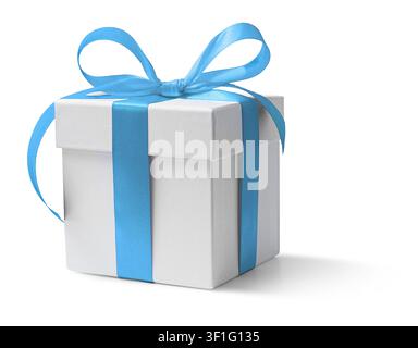 Square Gift box with blue ribbon isolated on white background. Stock Photo