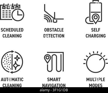 Robot vacuum cleaner six features icons set - Scheduled cleaning, Obstacle detection, Self-charging, Automatic cleaning, Smart navigation Stock Vector
