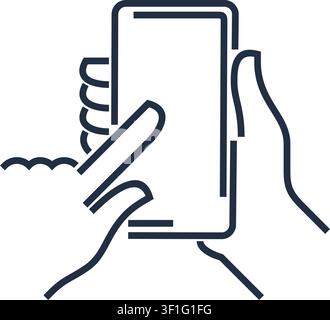 Hand holding phone, icon in bold line. Template for advertising of some mobile app or service Stock Vector