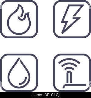 Technical building system icons in bold line - electricity, gasification, water supply and internet router - vector signs for site Stock Vector