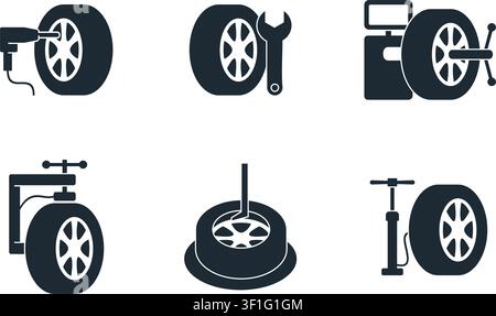 Set of icons - tire fitting services and equipment. Pictograms in monochrome style Stock Vector