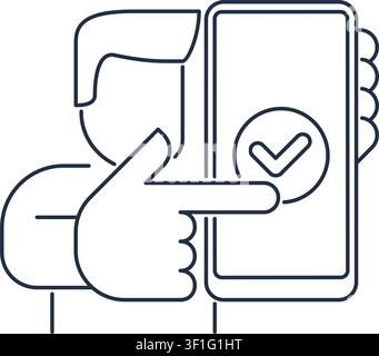 Happy cartoon young smiling man holding phone with check mark on a screen - vector illustration in thin line Stock Vector
