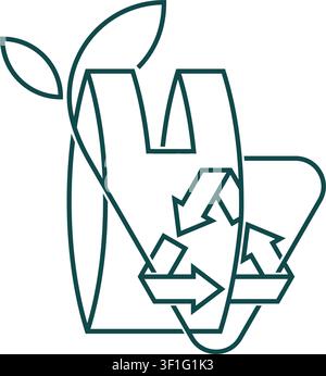Biodegradable emblem - packet turns to plant branch with recycling sign - eco friendly compostable material production, in bold line Stock Vector
