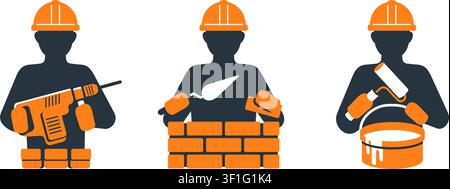 Construction workers brigade icons set - stonemason, installer, plasterer. Flat pictograms in 2 colors Stock Vector