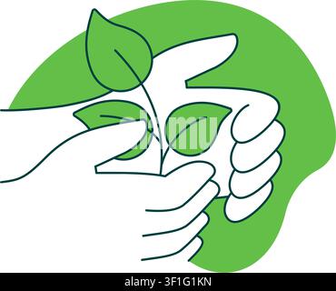 Nature Care icon or logo template - for program, strategy or foundation. Or for herbal medicine production. Plant in hands in thin line and Stock Vector