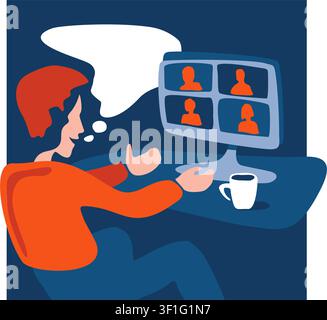 Online video conference of a business group meeting. Remote work from home, Online webinar in drawn doodle style Stock Vector