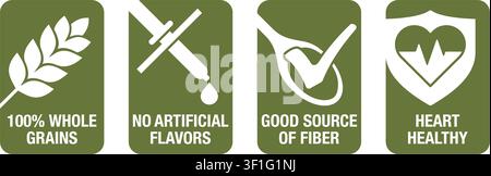 100 whole grains, No artificial flavors, Good source of fiber, Heart healthy - icons set for breakfast cereals, in vertical rectangular Stock Vector