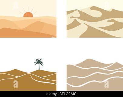 A soft flat illustration set featuring warm desert landscapes with rising and setting suns, layered sand dunes, and a lone palm tree oasis. The image Stock Vector