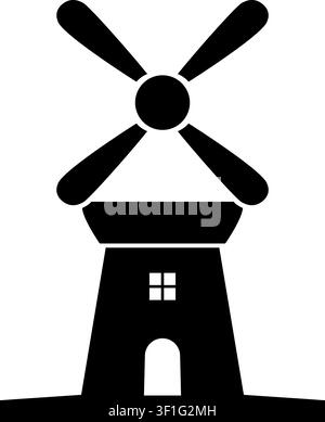 Flat illustration of a dark windmill with four large blades small window and arched doorway Stock Vector