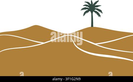 Flat illustration of desert dunes with winding white paths and a lone palm tree on the horizon Stock Vector
