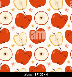 Cozy Seamless Apple Pattern with Whole Red Apples and Cut Halves on Light Background Stock Vector
