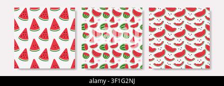 Set of Three Bright Seamless Watermelon Patterns with Sweet Slices and Seeds Stock Vector