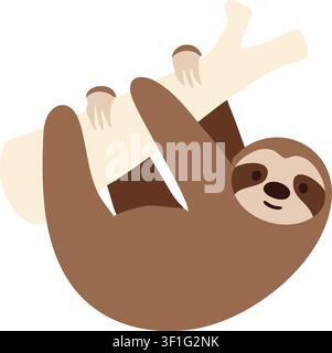 Flat illustration of a smiling brown sloth hanging upside down from a pale branch with relaxed paws Stock Vector