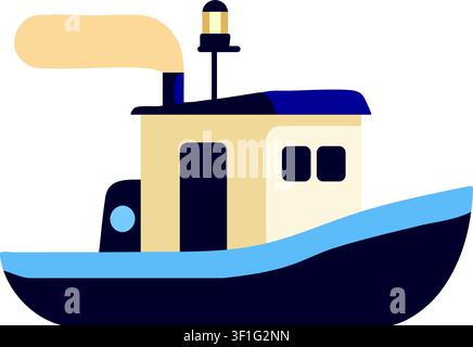 Flat illustration of a small blue and cream tugboat moving across stylized ocean waves Stock Vector