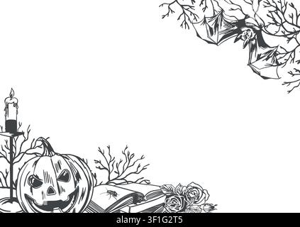 Halloween frame with a pumpkin, bat, branches, candle, and book. Hand drawn vector illustration in a graphic style. Black ink clip art for cards Stock Vector