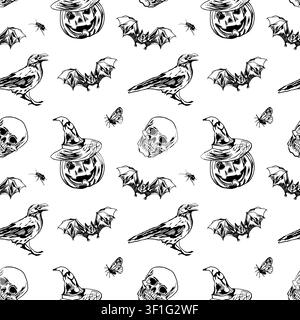 Halloween seamless pattern with pumpkins in hats, skulls, bats and crows. Hand drawn vector illustration in a graphic style. Black ink clip art for Stock Vector