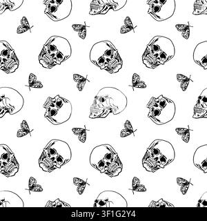 Human skull seamless pattern with flying butterflies. Hand drawn vector illustration for Halloween in a graphic style. Black ink clip art for textiles Stock Vector
