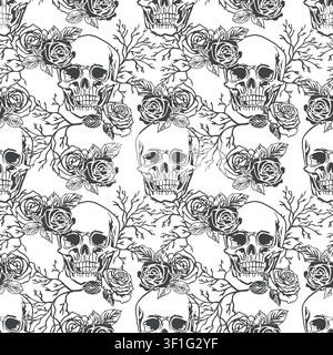 Human skull seamless pattern with vintage roses and tree branches. Hand drawn vector illustration for Halloween in a graphic style. Black ink clip art Stock Vector