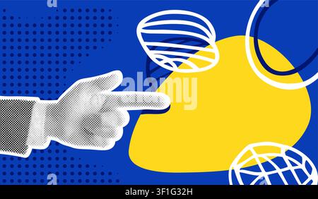 Modern collage in pop art style for poster or banner design. Halftone hand pointing with index finger to copy space. Yellow and blue colors Stock Vector