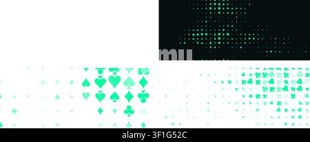 Casino poker suits pattern with neon green spades, hearts, clubs, diamonds on dark background for online gambling. Playing card games backdrop for Stock Vector