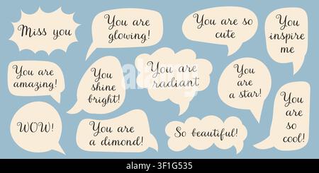 Set of Cute Speech Bubbles with Compliment Phrases Stock Vector