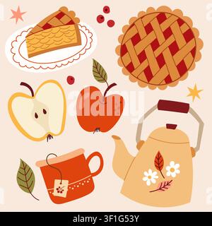 Cozy autumn tea time with sweet apple pie vector illustration collection Stock Vector