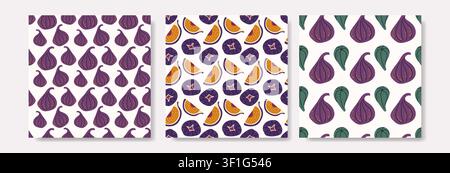 Set of Bright Summer Seamless Fig Patterns with Whole Fruits Half Slices and Green Leaves Stock Vector