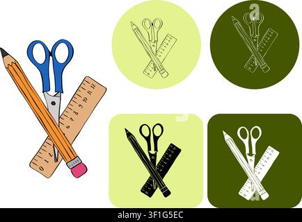 scissor and pencil and ruller School logotype hand drawn illustration. Vector graphic line ink art. background for banners, Perfect for kids designs, Stock Vector