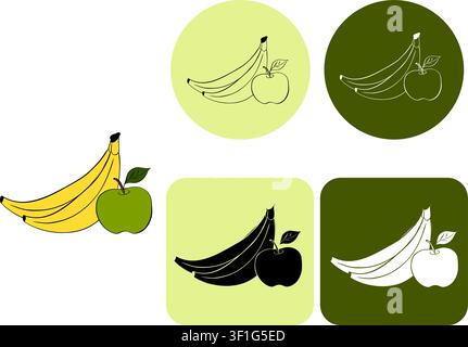 green Apple and Bananas Bunch School logotype hand drawn illustration. Vector graphic line ink art. For poster, invitation, backdrop, ad, sale promoti Stock Vector