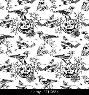 Halloween seamless pattern with pumpkins, skulls, crows, books and roses. Hand drawn vector illustration in a graphic style. Black ink clip art for Stock Vector