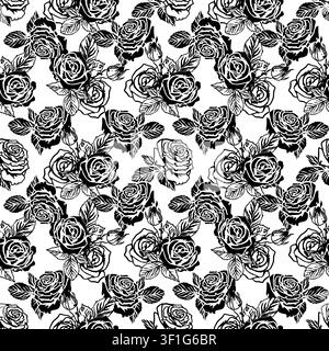 Vintage roses seamless pattern. Hand drawn vector illustration of flowers and leaves for Halloween in a graphic style. Black ink clip art for textiles Stock Vector