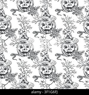 Halloween seamless pattern with pumpkins in hats, snakes, roses and branches. Hand drawn vector illustration in a graphic style. Black ink clip art Stock Vector